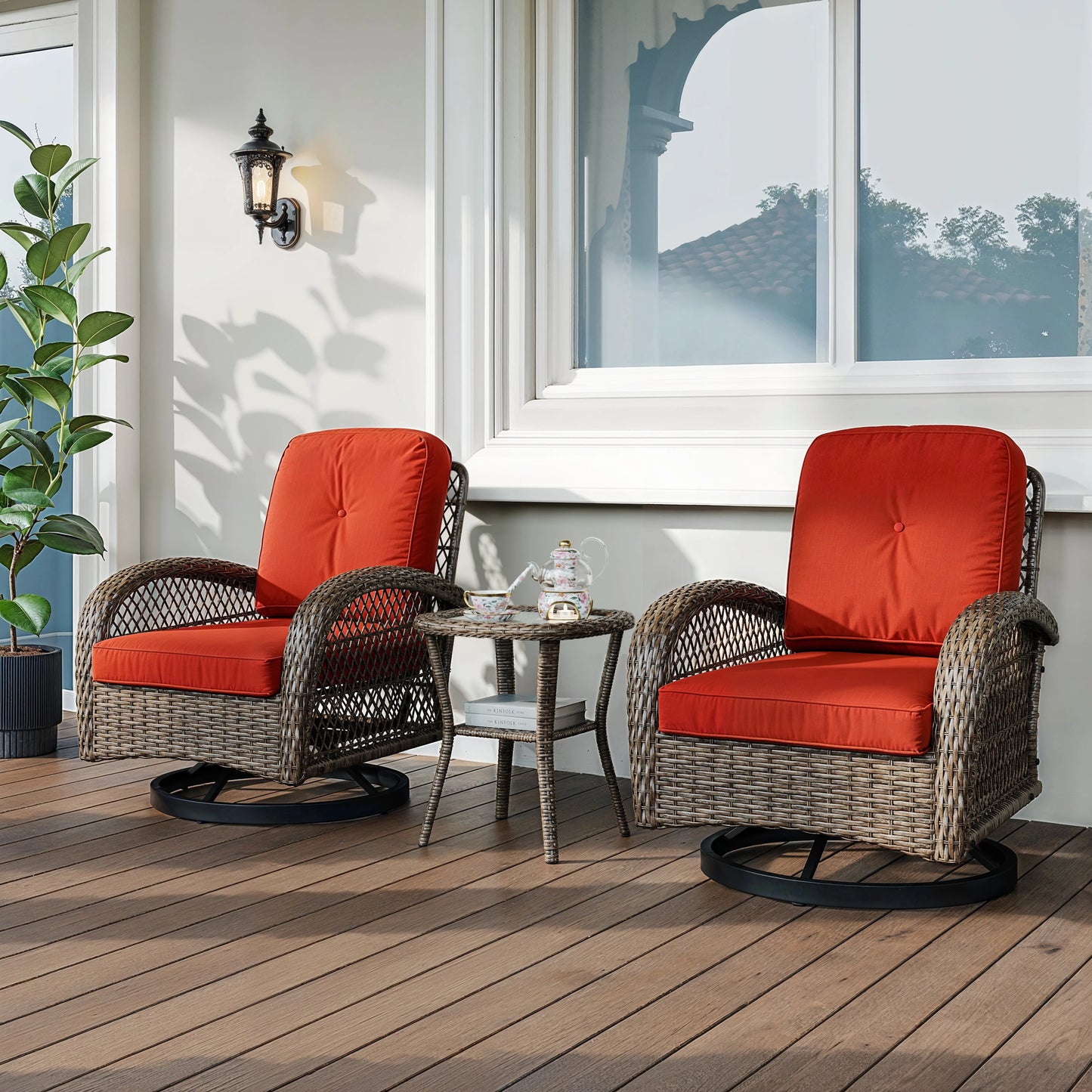 Hoomic 3 Pieces Patio Furniture Set Outdoor Bistro Set Rotating Rocking Chair Set with Cozy Padded Cushions