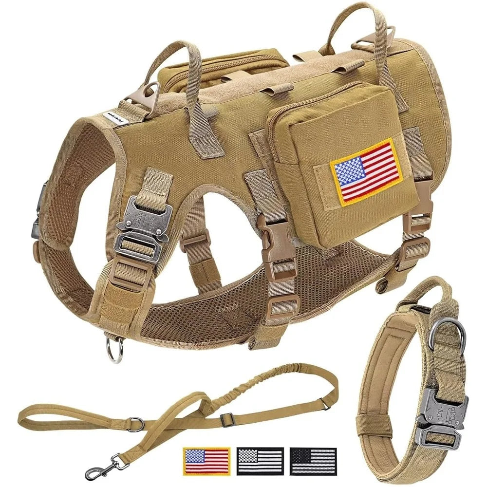 Tactical Dog Harness Large Breeds No Pull Military Collar Bungee Leash Set with MOLLE Backpack for Outdoor Training