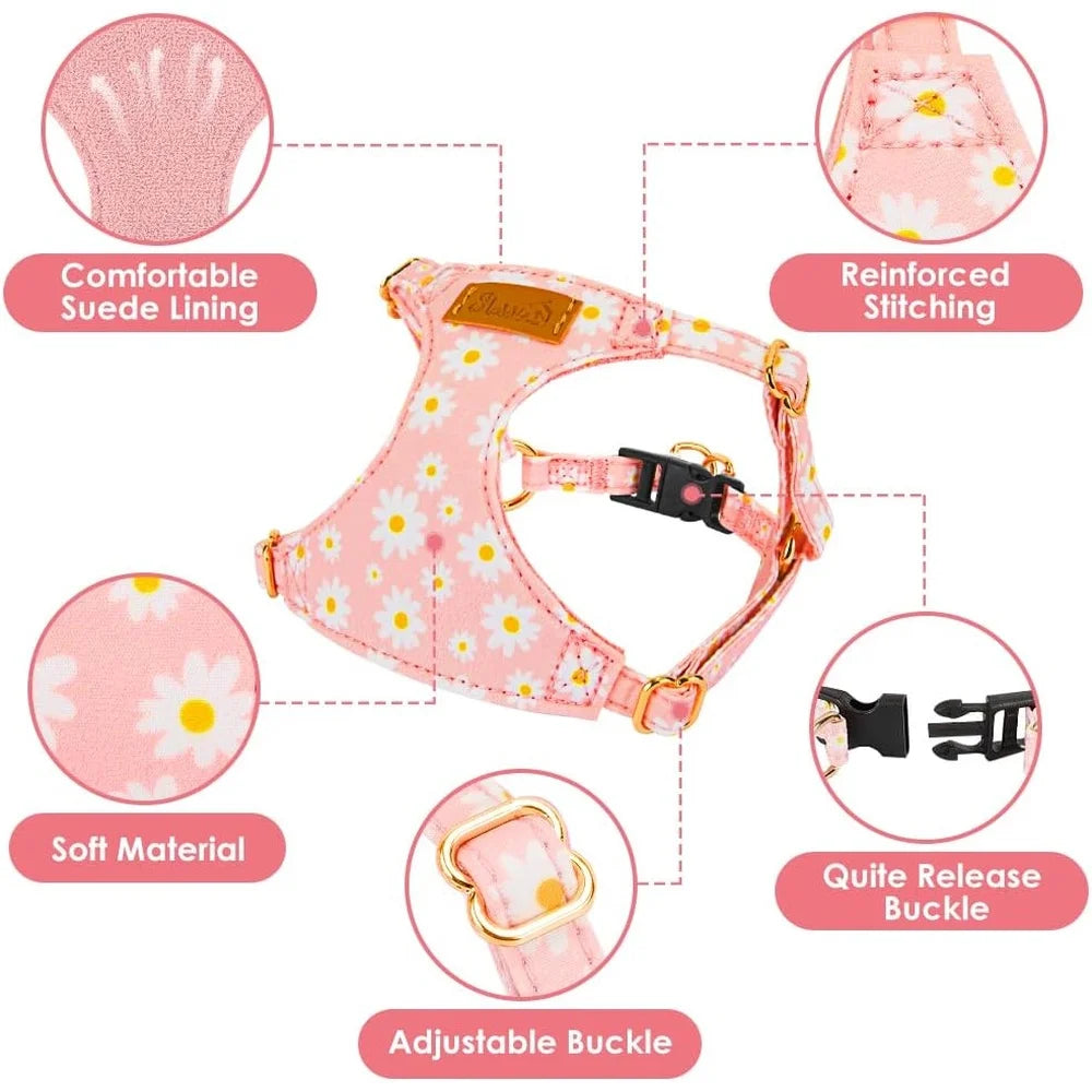 No Pull Dog Harness Adjustable Lightweight Soft Floral Pattern Pet Safety Leash Step In Design for Small and Medium Dogs