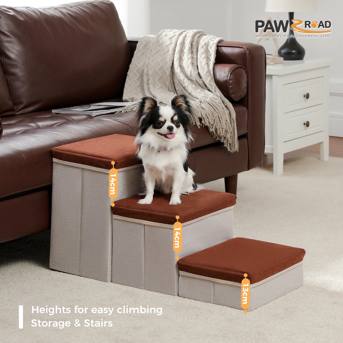 3 Tier Dog Stairs Foldable Pet Stair with Storage Box Adjustable Height Dog Steps for Small Old Dogs and Cats Non Slip Pet Ramp Indoor