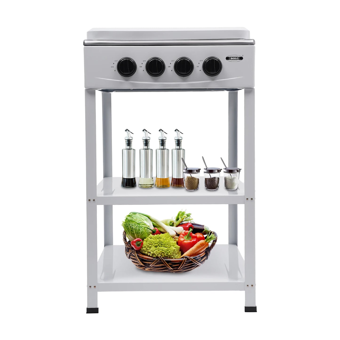 Portable Gas Stove 4 Burner with Support Leg Stand and Wind Blocking Cover Outdoor Manual Ignition Camping Stove with 2 Layer Rack
