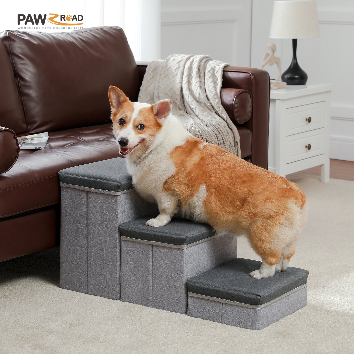 3 Tier Dog Stairs Foldable Pet Stair with Storage Box Adjustable Height Dog Steps for Small Old Dogs and Cats Non Slip Pet Ramp Indoor