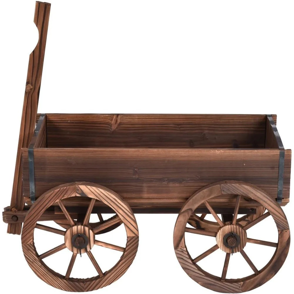 Wood Wagon Flower Planter Pot Stand With Wheels Garden Decor