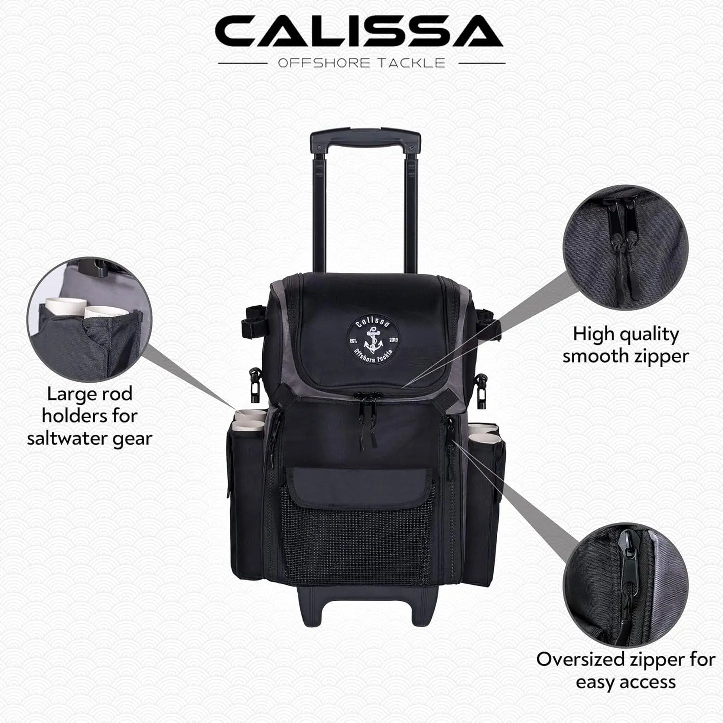 Offshore Rolling Fishing Tackle Box with Wheels Waterproof Fishing Backpack with Rod Holders Storage Bag Roller