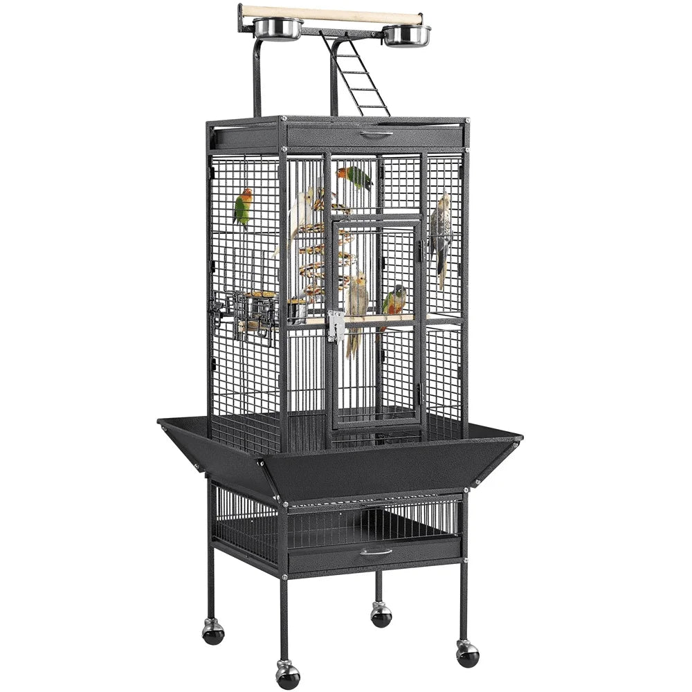 61 Inch Rolling Metal Bird Cage With Play Top Mobile Design
