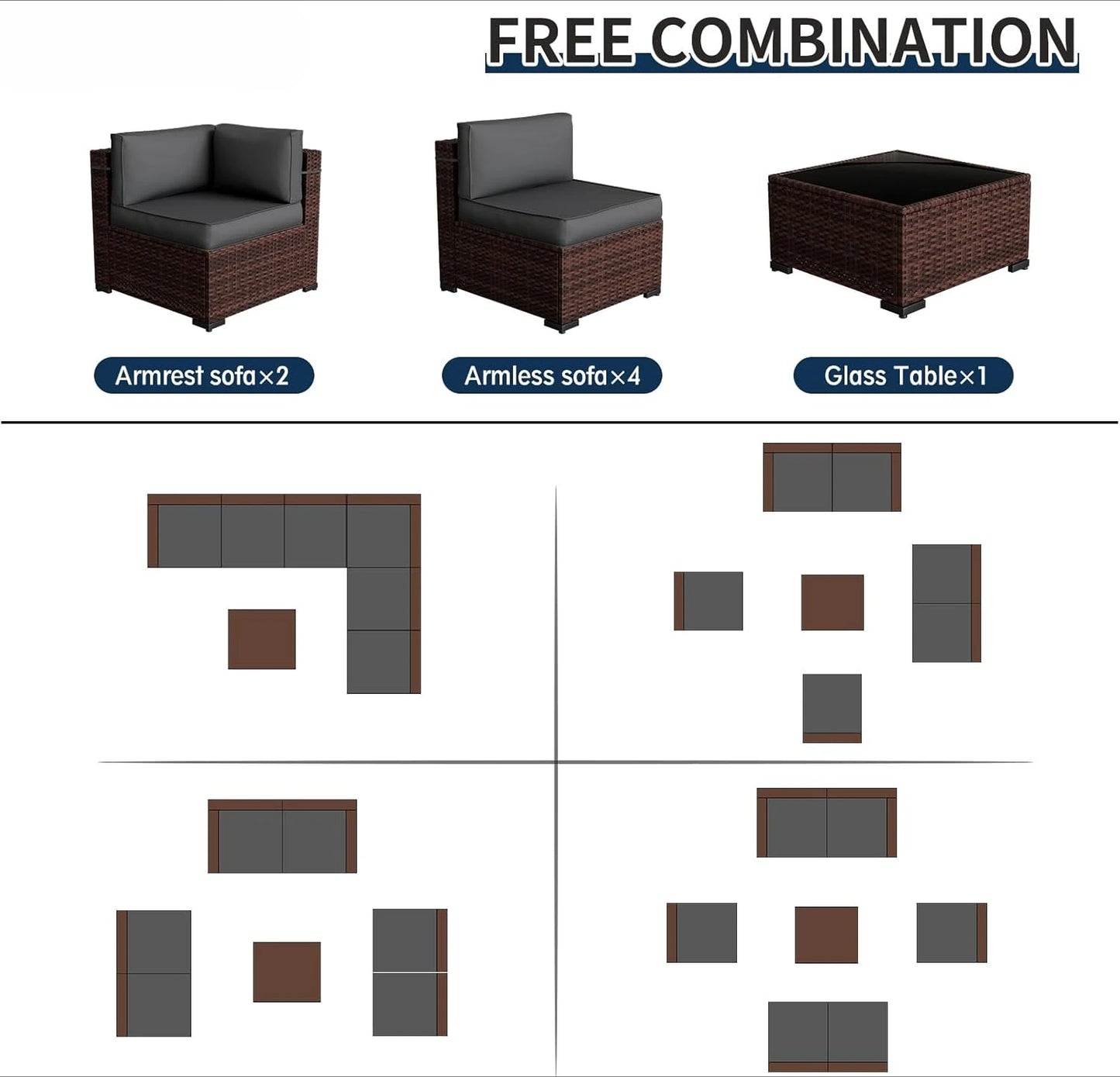 Patio Furniture Sets 7 Pieces Outdoor Rattan Sectional Sofa Set with Glass Table and Cushions for Outdoor Indoor Backyard Garden