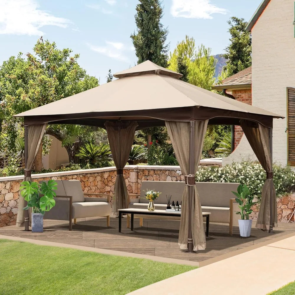 Domi 10 Foot by 13 Foot Outdoor Canopy with Mosquito Netting Double Roof Soft Top Gazebo Pergola Metal Frame Patio Shelter for Deck and Backyard