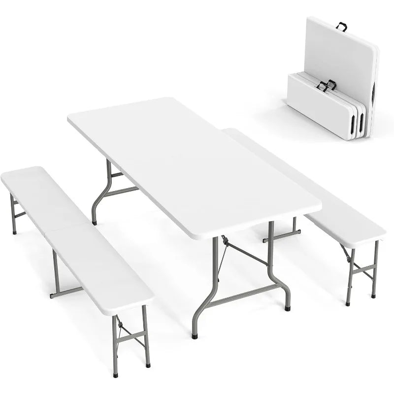VINGLI Picnic Table Set with 2 Benches 6 Feet Folding Camping Table Chair Set for Indoor or Outdoor Use White