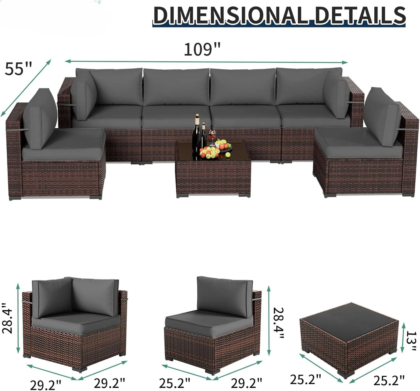 Patio Furniture Sets 7 Pieces Outdoor Rattan Sectional Sofa Set with Glass Table and Cushions for Outdoor Indoor Backyard Garden