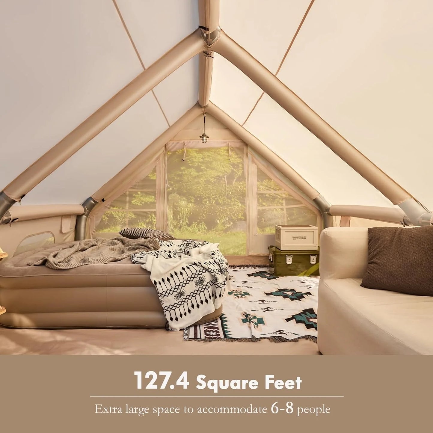 Inflatable Camping Tent for 8 to 10 People 129 Square Feet Large Tent with Stove Jack and Mesh Windows
