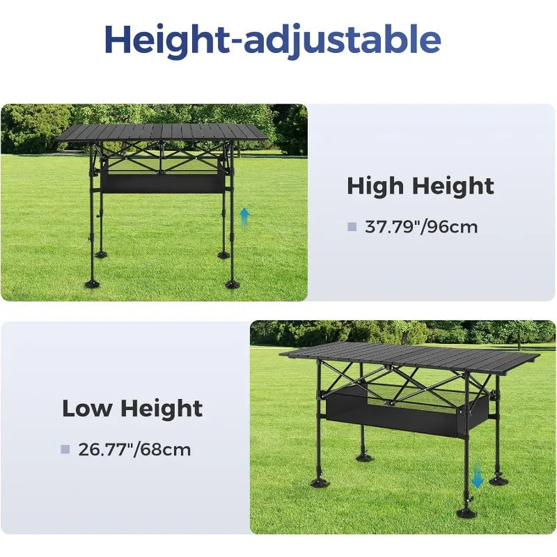 Alpha Camp Camping Table Outdoor Portable Adjustable Aluminum Travel Table with Storage for Grill and Picnic