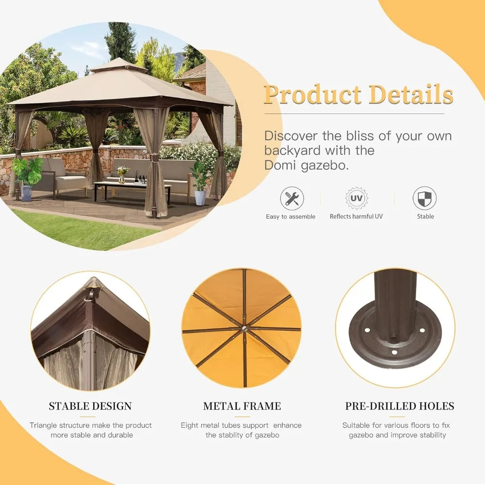 Domi 10 Foot by 13 Foot Outdoor Canopy with Mosquito Netting Double Roof Soft Top Gazebo Pergola Metal Frame Patio Shelter for Deck and Backyard