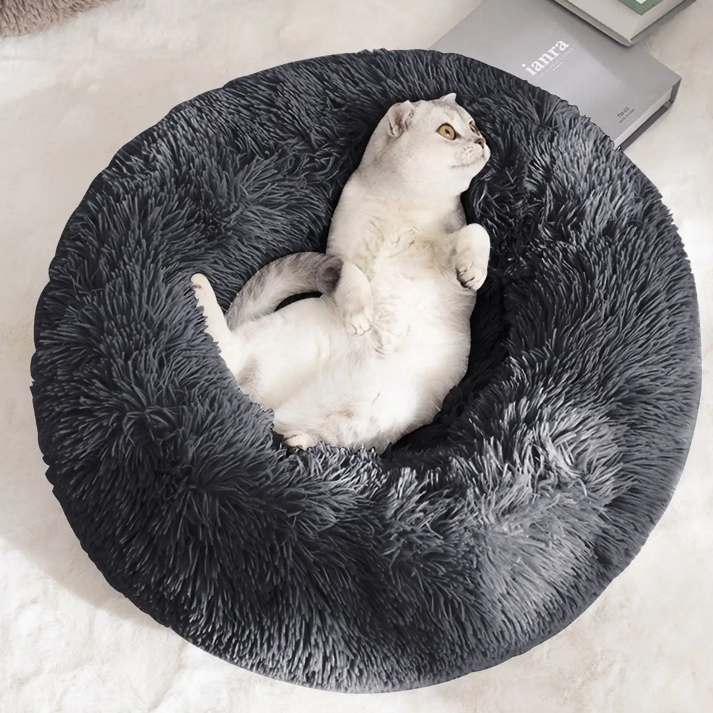 Calming Donut Dog Bed Self Warming Cozy Plush Round Bed