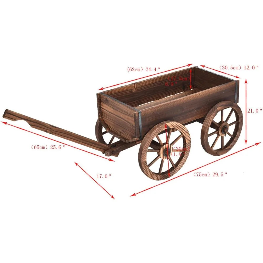 Wood Wagon Flower Planter Pot Stand With Wheels Garden Decor