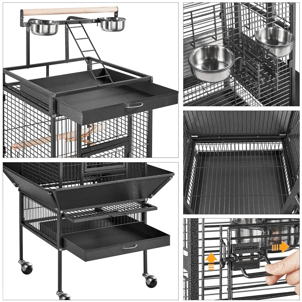 61 Inch Rolling Metal Bird Cage With Play Top Mobile Design