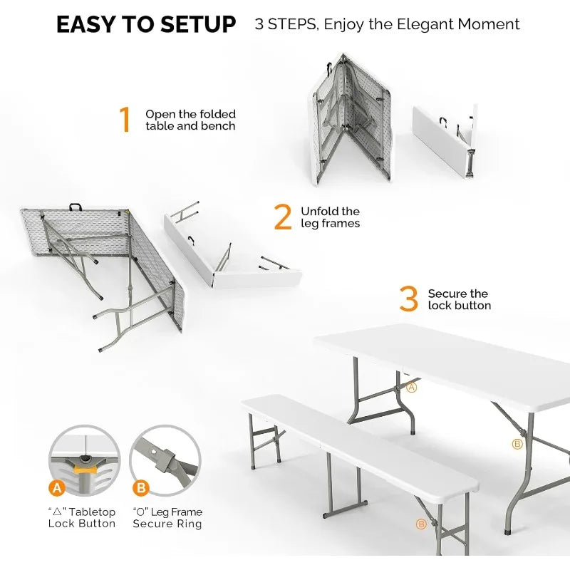 VINGLI Picnic Table Set with 2 Benches 6 Feet Folding Camping Table Chair Set for Indoor or Outdoor Use White