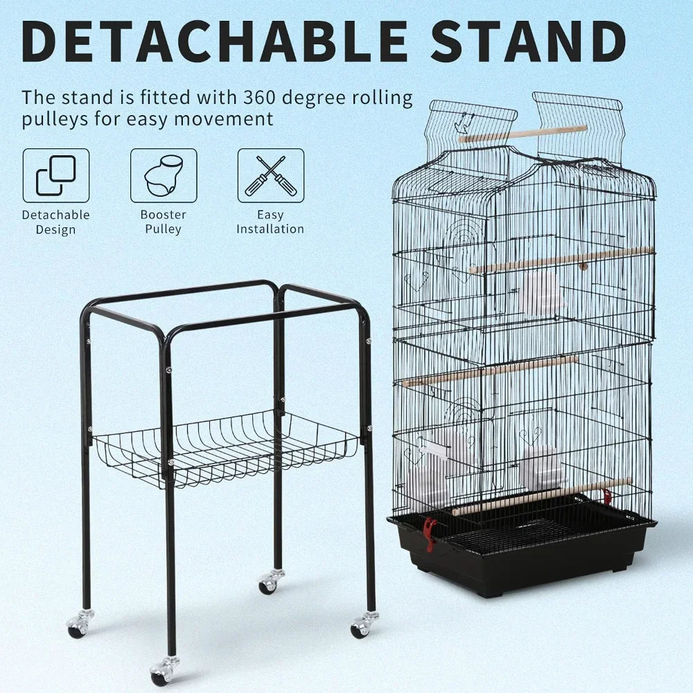 Open Top Bird Cage On Rolling Stand For Parrots And Finches