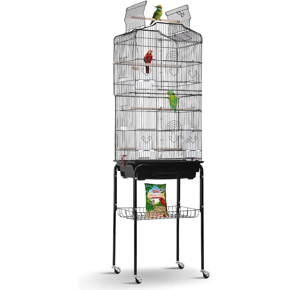Open Top Bird Cage On Rolling Stand For Parrots And Finches