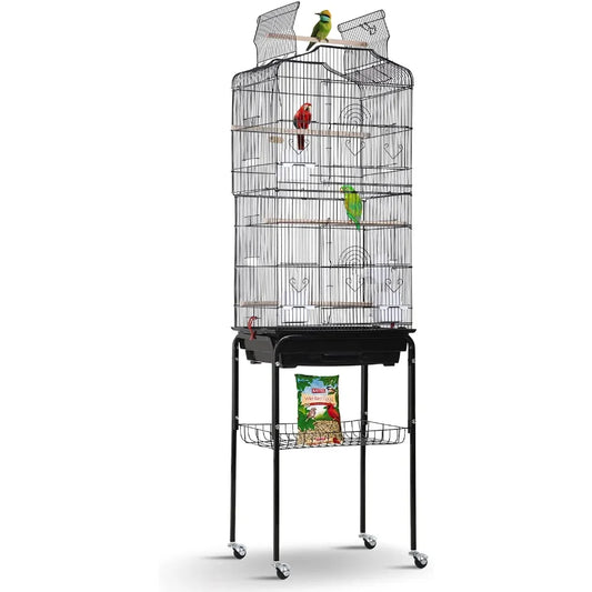 Open Top Bird Cage On Rolling Stand For Parrots And Finches