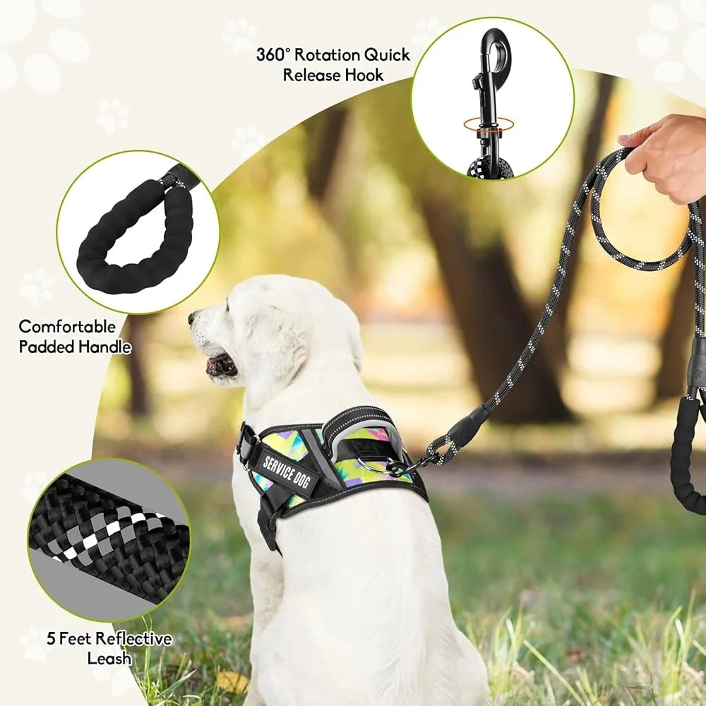 Service Dog Harness Leash Set Reflective No Pull Multi Color Training Vest Durable Lightweight Small to XL Dogs