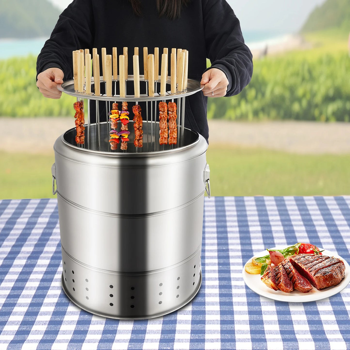 Stainless Steel Charcoal Grill 28 Skewer Capacity Hanging BBQ Pit for Outdoor Cooking Camping and Parties Oil Drip Tray