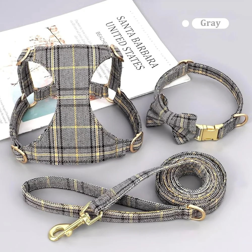 Cute Small Dog Harness Set Adjustable Soft Plaid Pet Collar Leash Bowtie for Puppies Walking and Parties
