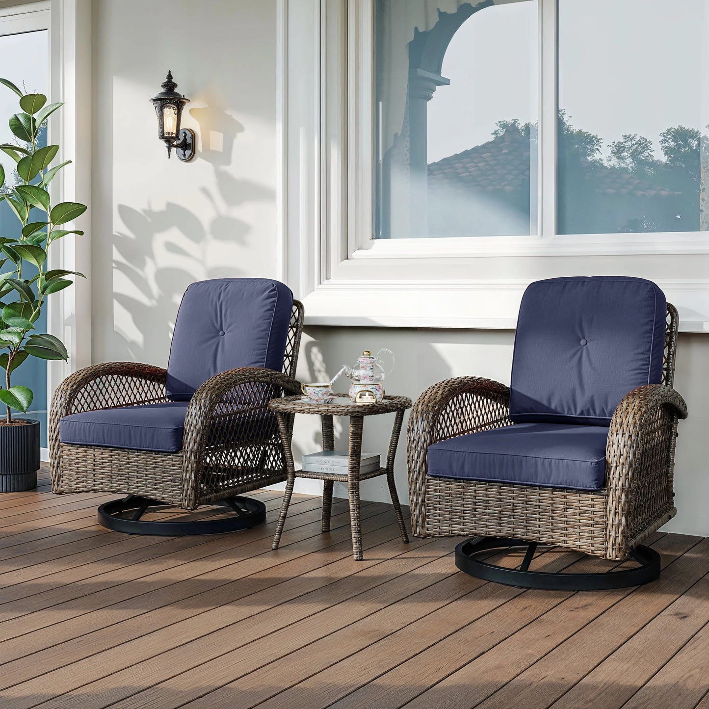 Hoomic 3 Pieces Patio Furniture Set Outdoor Bistro Set Rotating Rocking Chair Set with Cozy Padded Cushions