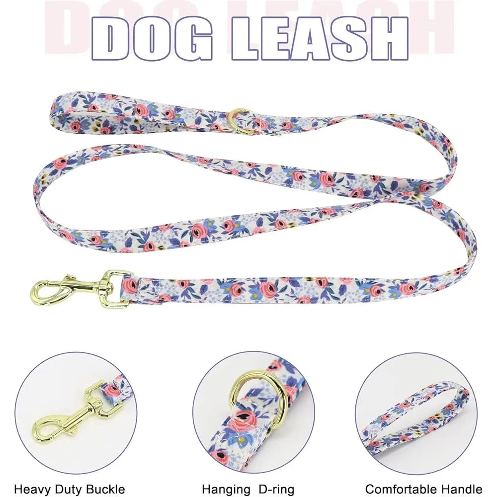 Cute Dog Harness Leash Collar Set Adjustable Floral Soft Mesh Pet Vest for Puppies Girls Wedding Party Outdoor Activities