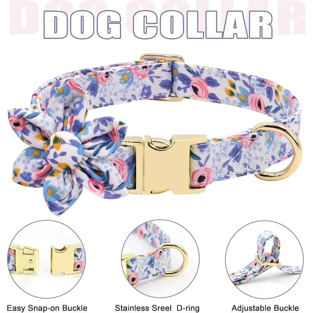 Cute Dog Harness Leash Collar Set Adjustable Floral Soft Mesh Pet Vest for Puppies Girls Wedding Party Outdoor Activities