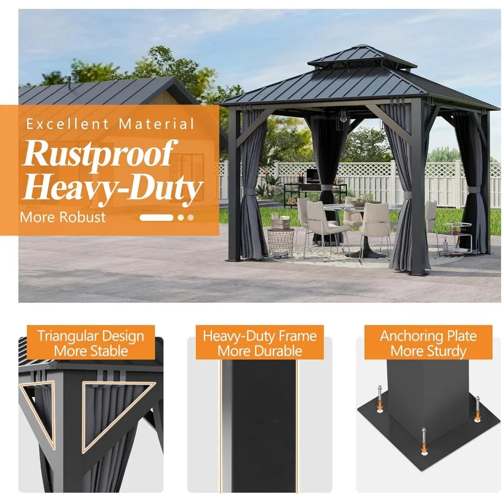 8.5x8.5FT Outdoor Hardtop Gazebo with Double Roof Aluminum Heavy Duty Galvanized Steel Top with Breathable Netting and UV Protection