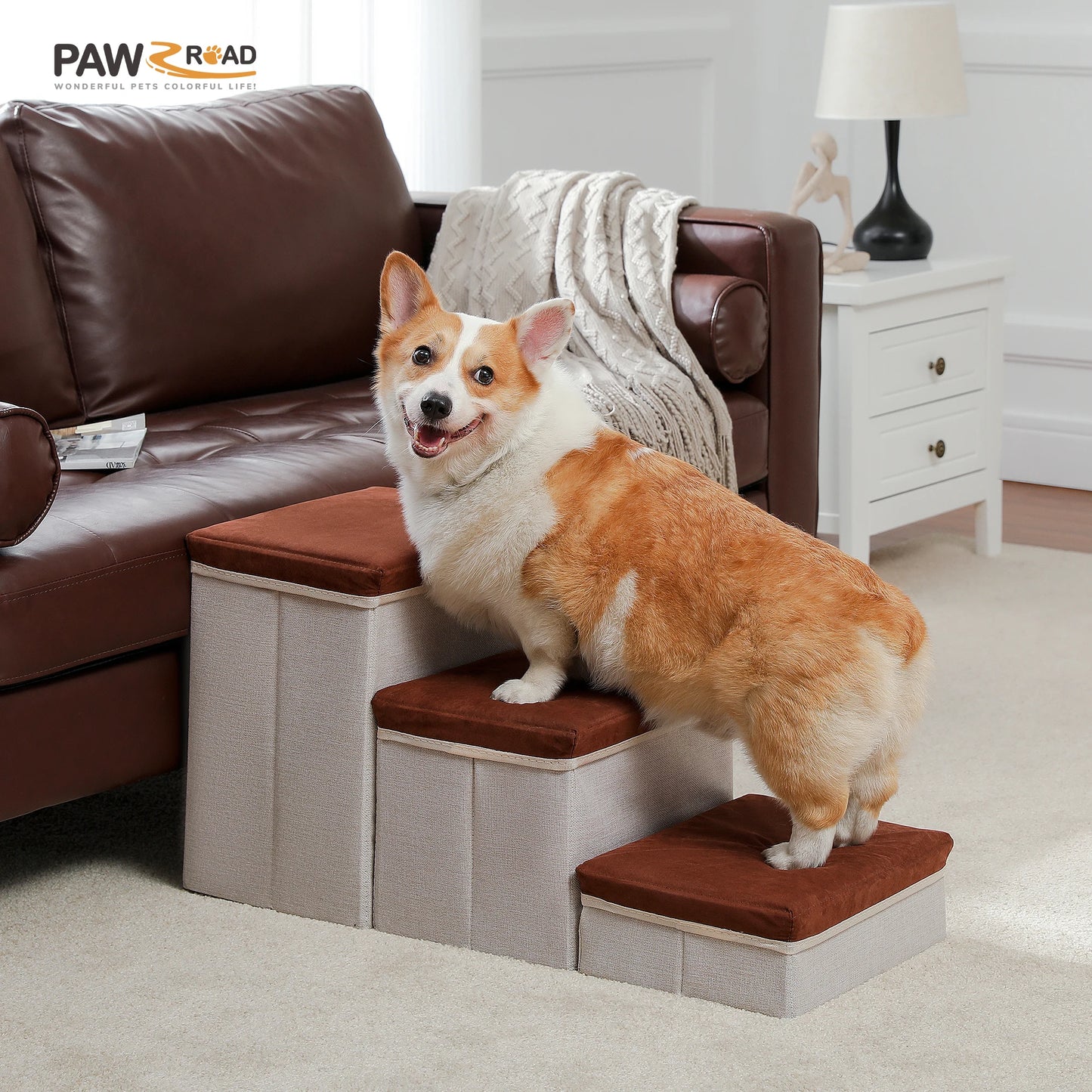 3 Tier Dog Stairs Foldable Pet Stair with Storage Box Adjustable Height Dog Steps for Small Old Dogs and Cats Non Slip Pet Ramp Indoor