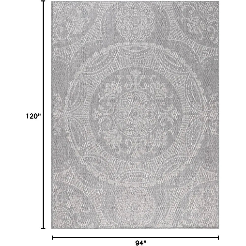 Gray Medallion Outdoor Rug 8x10 Washable Patio Waterproof