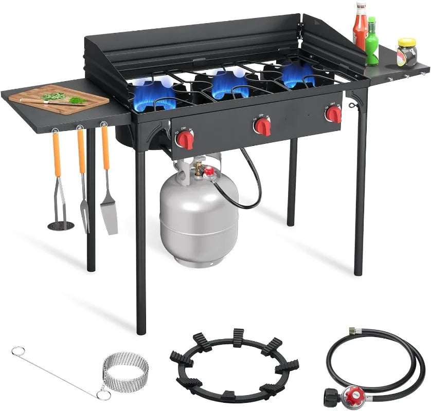 SKOK 3 Burner Propane Stove With Wind Panel And Shelves