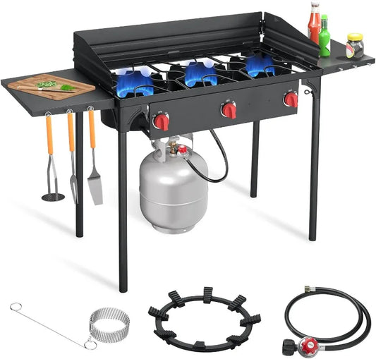 SKOK 3 Burner Propane Stove With Wind Panel And Shelves