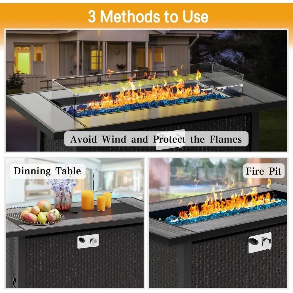 45 Inch Fire Table Propane Fire Pit with Glass Wind Guard and Rain Cover Outdoor Firepit Table 50000 BTU 3 in 1 Fire Table