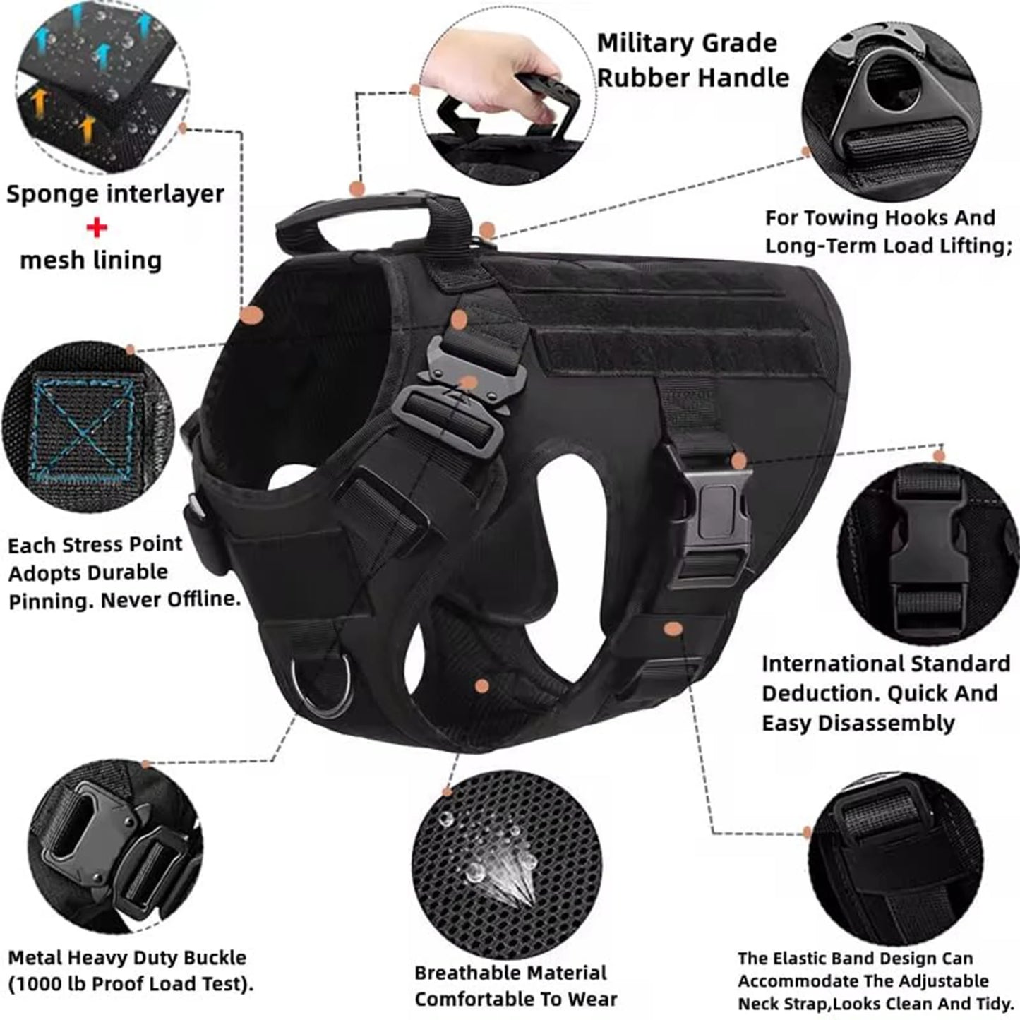 PETRAVELCN Tactical Dog Harness Vest With Molle Pouches