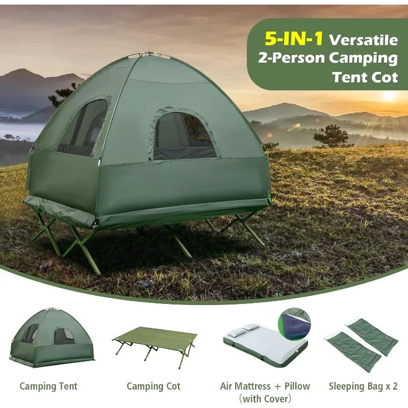 GYMAX 5 in 1 Elevated Camping Cot with Sunshade Air Mattress Sleeping Bag and Pillow Portable Camping Tent