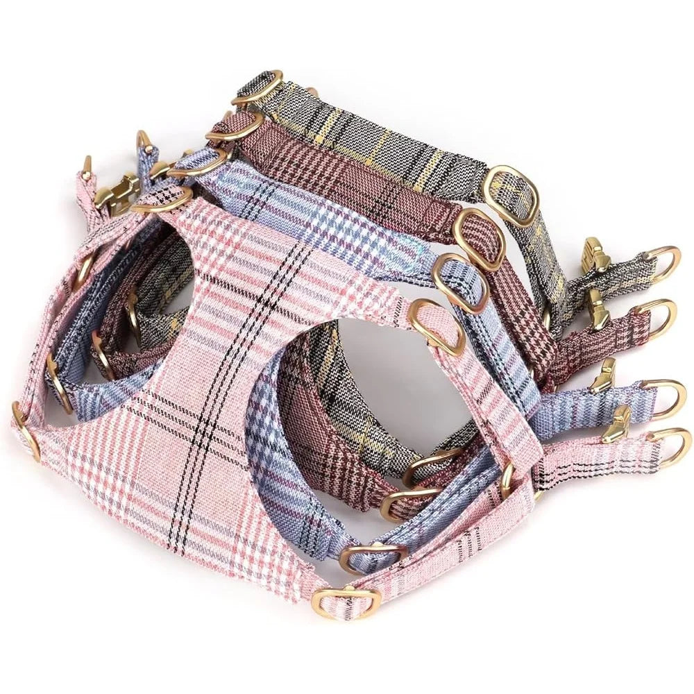 Cute Small Dog Harness Set Adjustable Soft Plaid Pet Collar Leash Bowtie for Puppies Walking and Parties