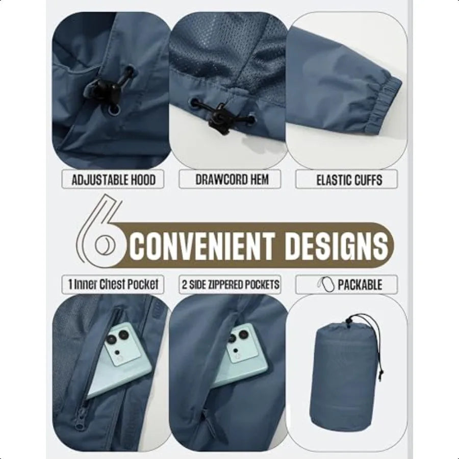 Mens Packable Rain Jacket Waterproof Hooded Outdoor Travel