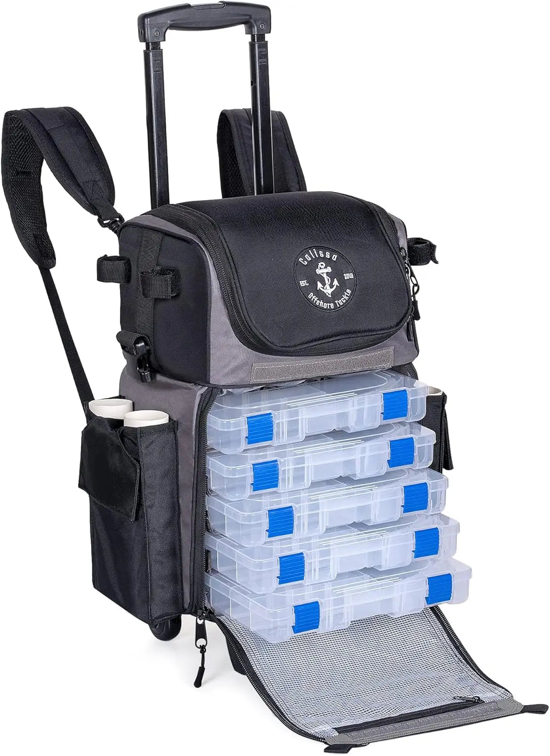 Offshore Rolling Fishing Tackle Box with Wheels Waterproof Fishing Backpack with Rod Holders Storage Bag Roller