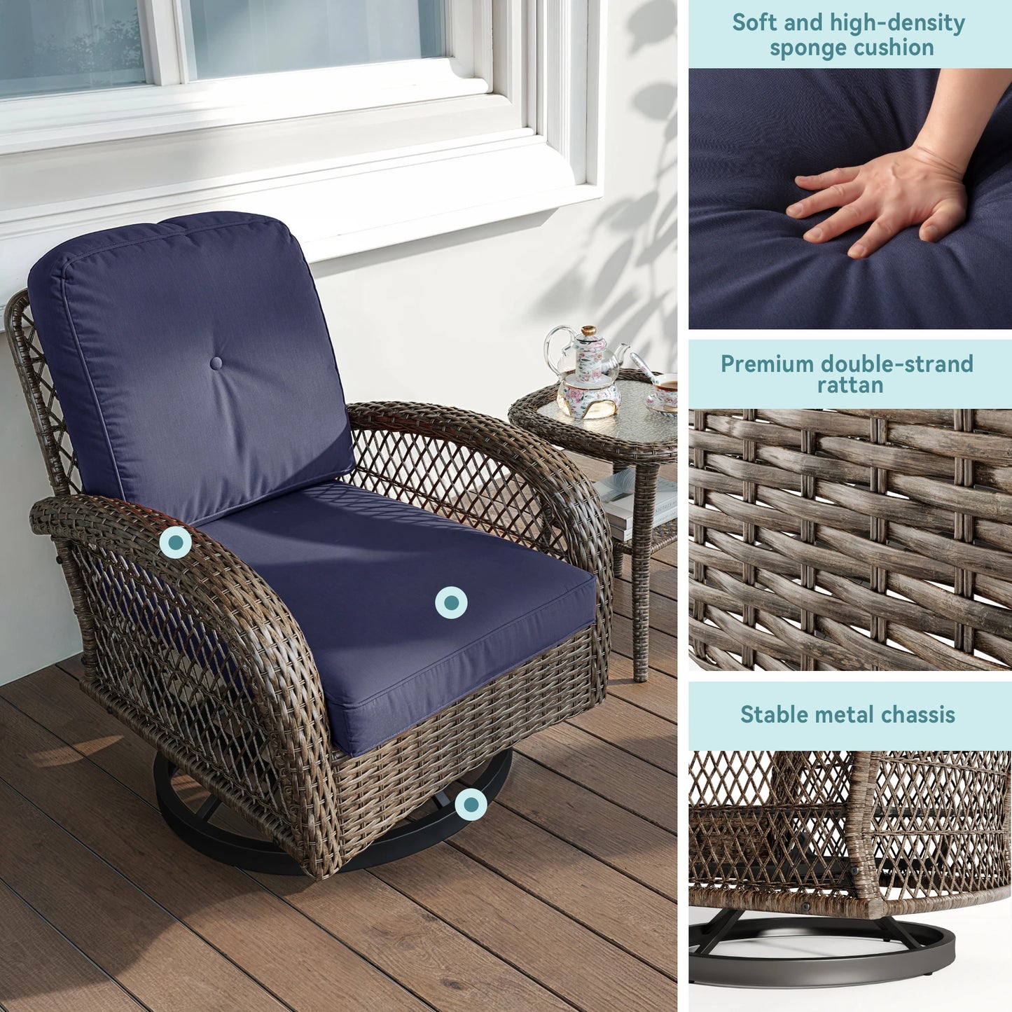 Hoomic 3 Pieces Patio Furniture Set Outdoor Bistro Set Rotating Rocking Chair Set with Cozy Padded Cushions