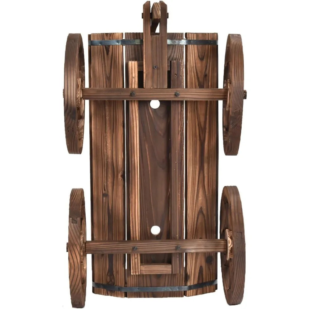Wood Wagon Flower Planter Pot Stand With Wheels Garden Decor