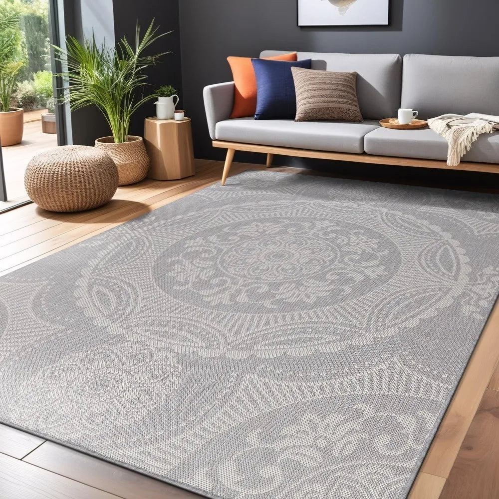 Gray Medallion Outdoor Rug 8x10 Washable Patio Waterproof