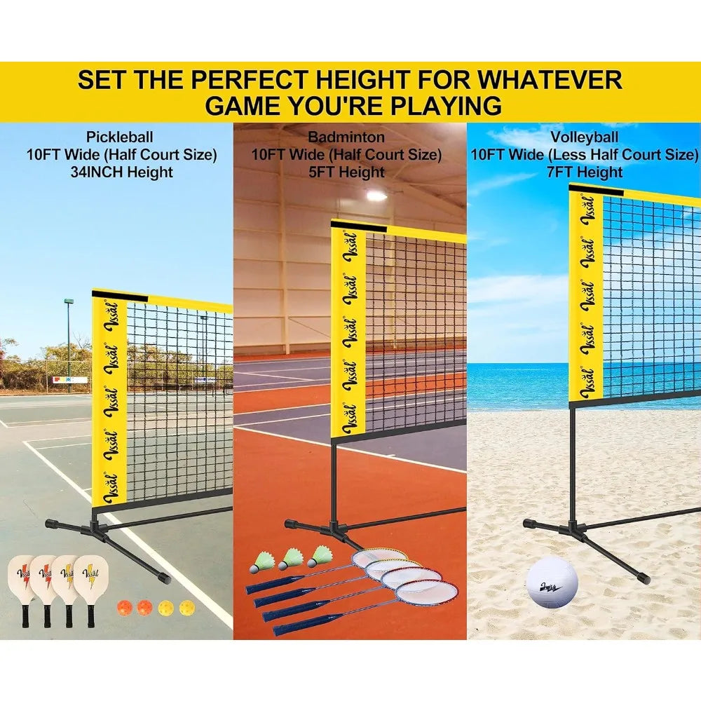 10FT Portable All In One Badminton Pickleball and Kids Volleyball Net Set Half Court