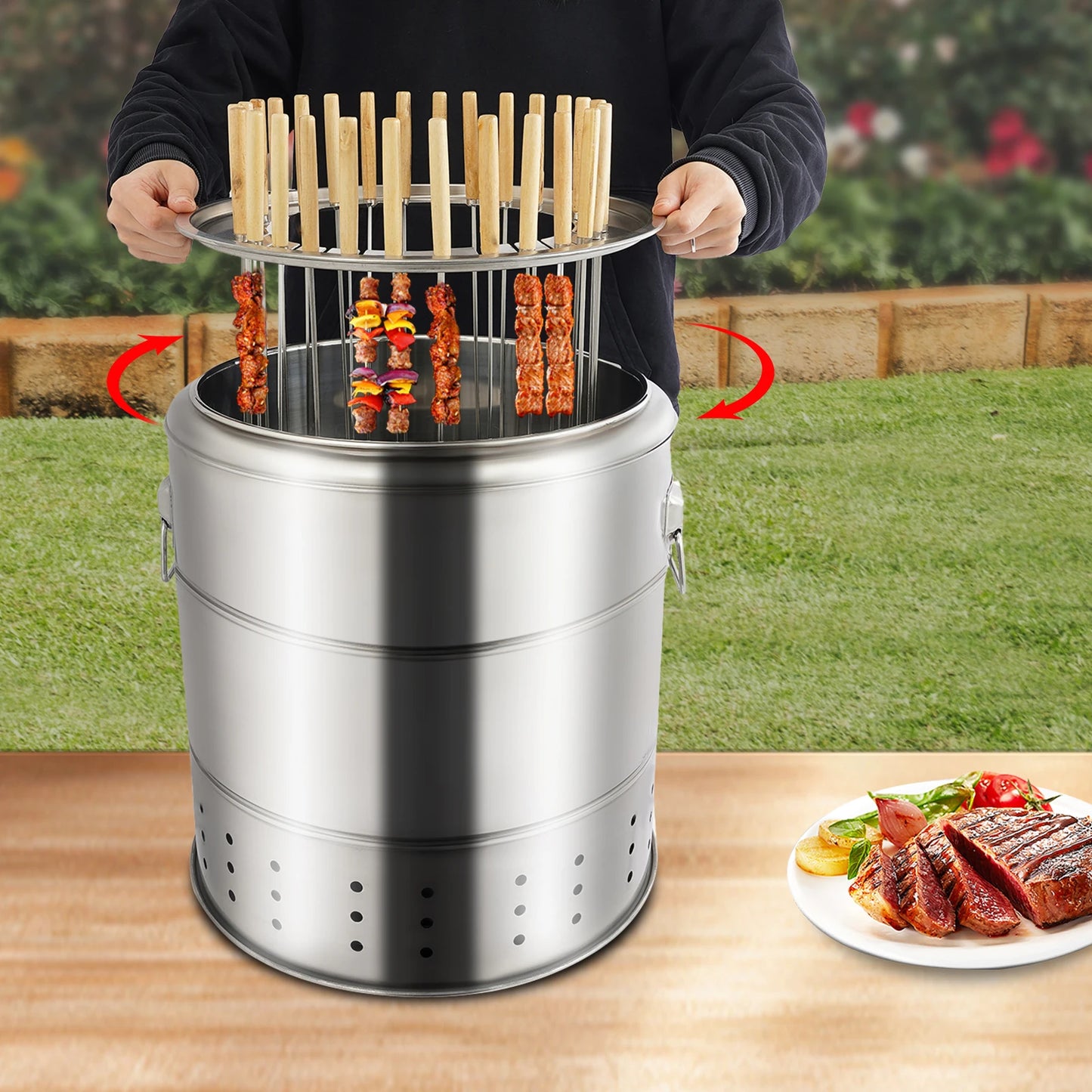 Stainless Steel Charcoal Grill 28 Skewer Capacity Hanging BBQ Pit for Outdoor Cooking Camping and Parties Oil Drip Tray