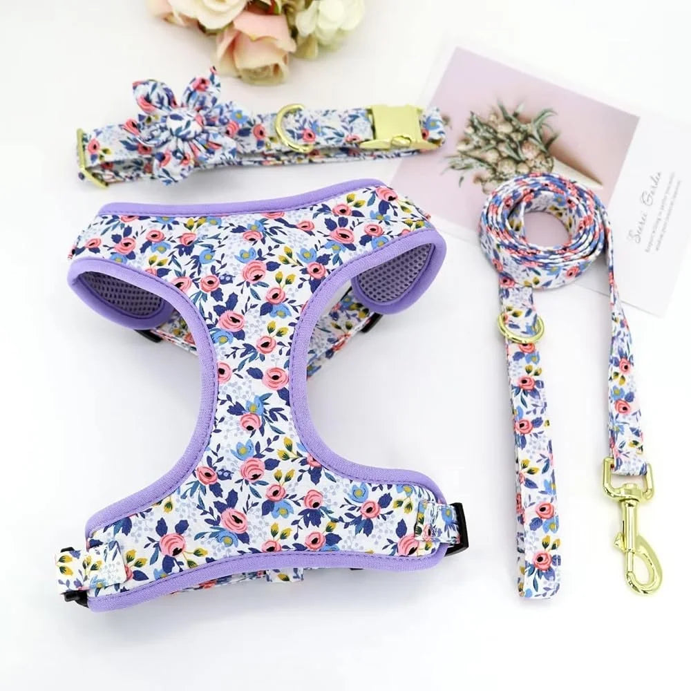 Cute Dog Harness Leash Collar Set Adjustable Floral Soft Mesh Pet Vest for Puppies Girls Wedding Party Outdoor Activities