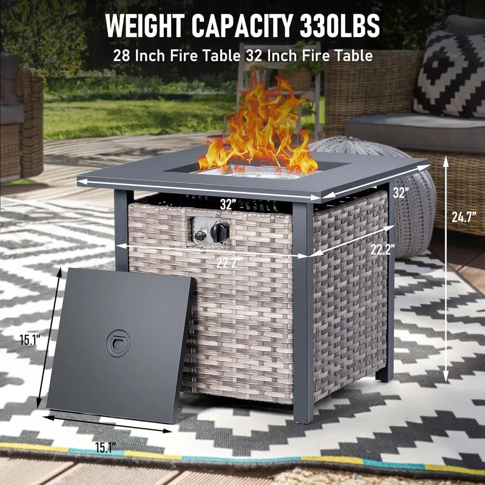 Propane Fire Pit Table 32 Inch with Lid and Glass Rocks for Patio Deck Backyard 50000 BTU Outdoor Gas Fire Pit