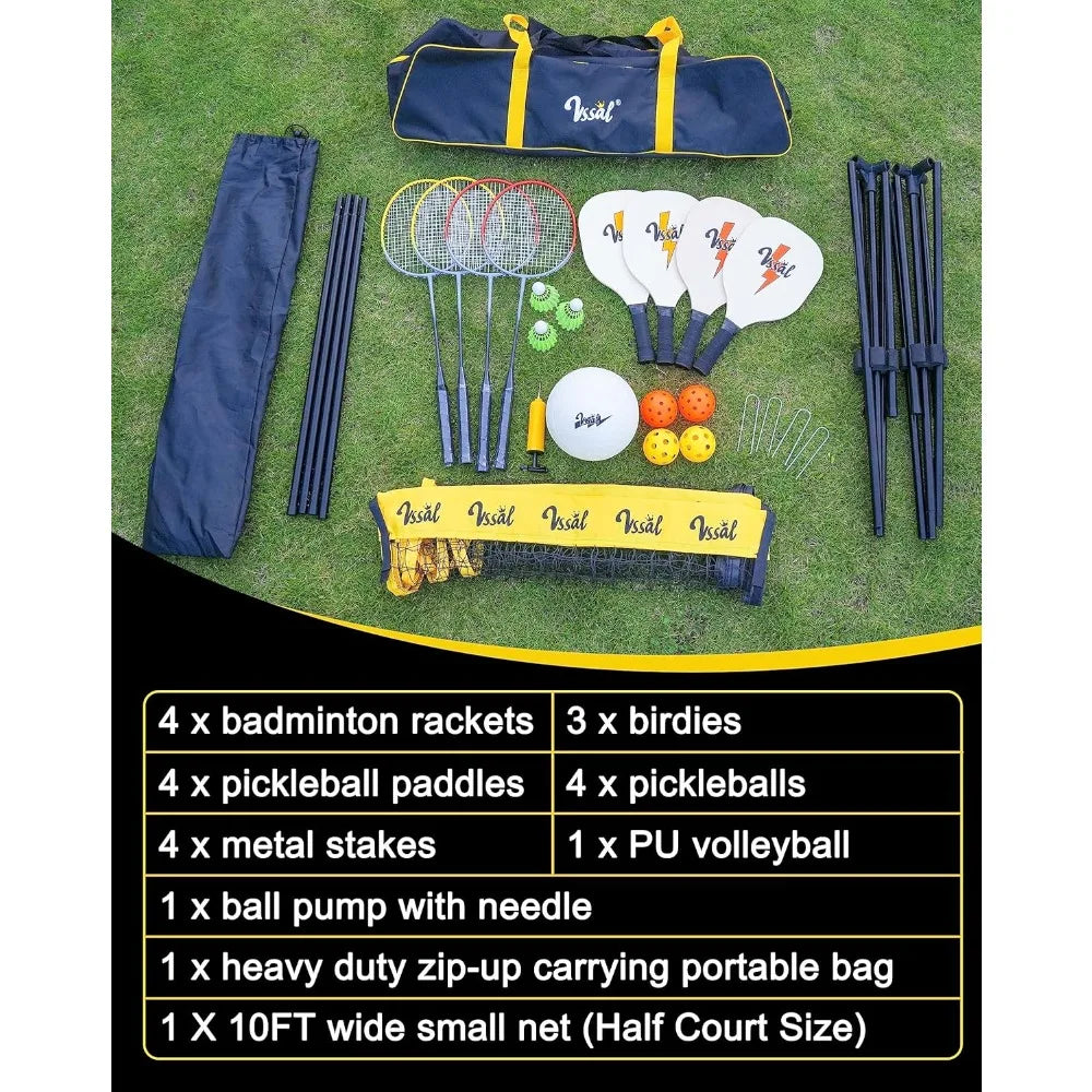 10FT Portable All In One Badminton Pickleball and Kids Volleyball Net Set Half Court