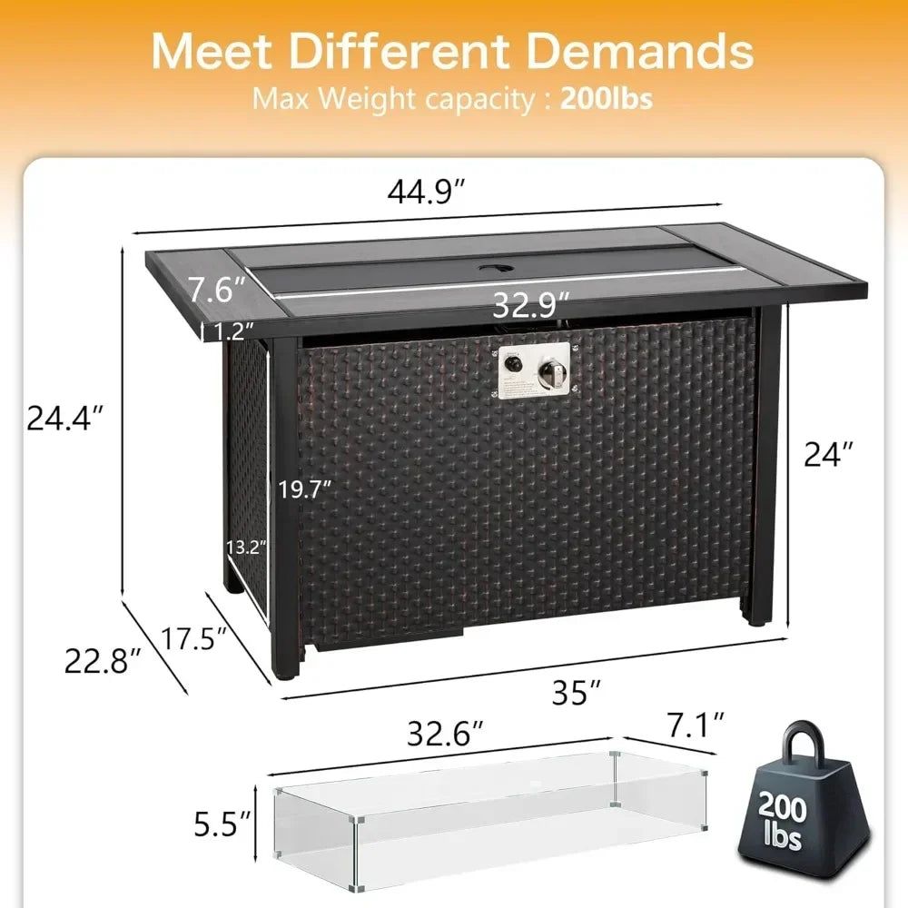 45 Inch Fire Table Propane Fire Pit with Glass Wind Guard and Rain Cover Outdoor Firepit Table 50000 BTU 3 in 1 Fire Table