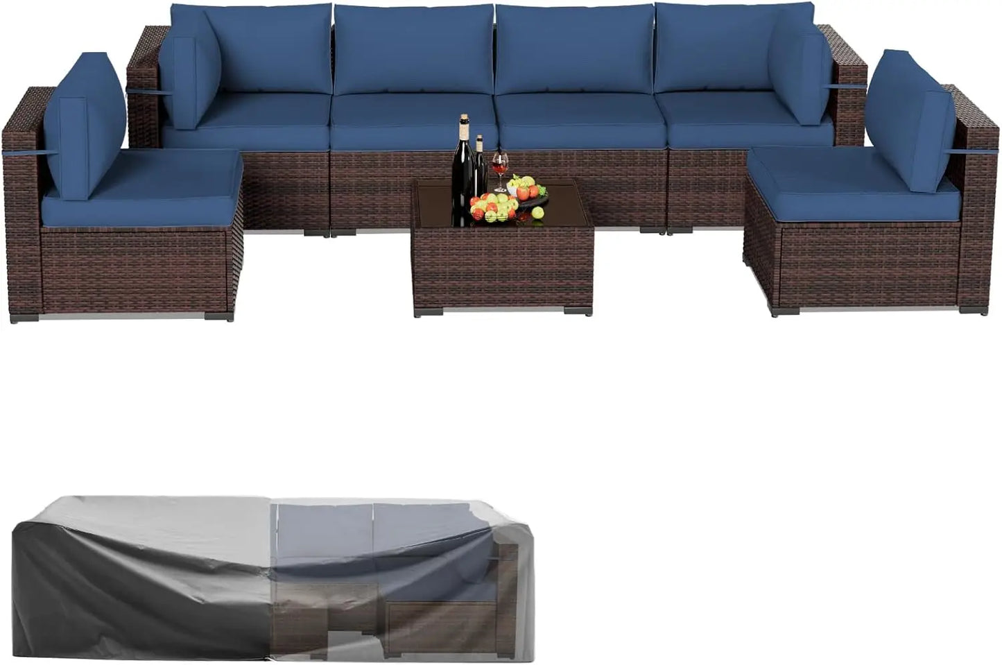 Patio Furniture Sets 7 Pieces Outdoor Rattan Sectional Sofa Set with Glass Table and Cushions for Outdoor Indoor Backyard Garden